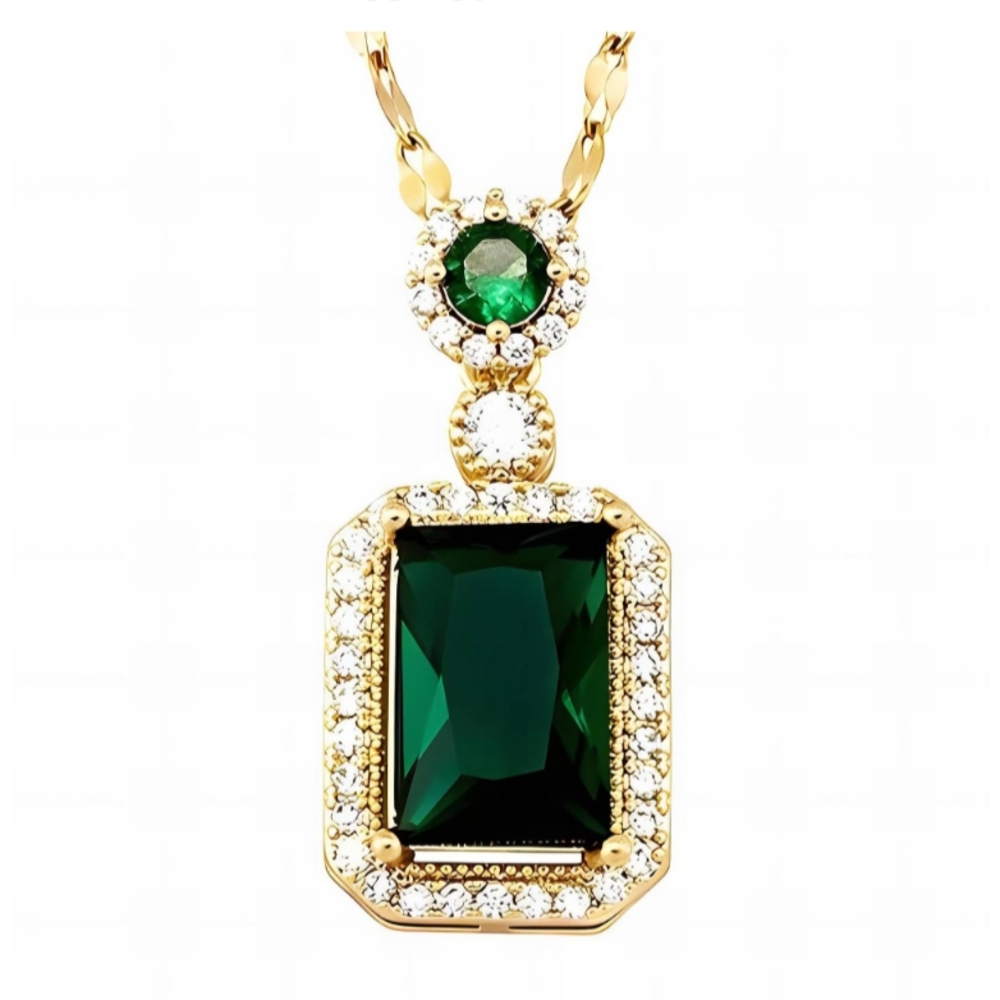 Stainless Steel Green Stone Gold Pendant Necklace. 18K Gold PVD Plating. New